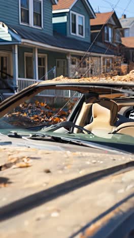 abandoned car covered in dust on a quiet residential street in fall