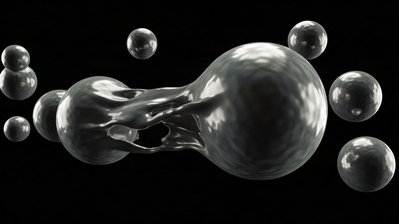 A Captivating Exploration of Fluid Dynamics: Merging Bubbles and Morphing Shapes in a Reflective Black Environment