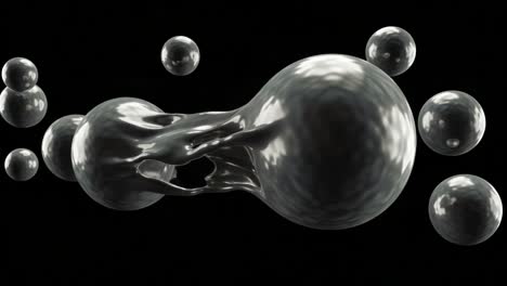 a captivating exploration of fluid dynamics: merging bubbles and morphing shapes in a reflective black environment