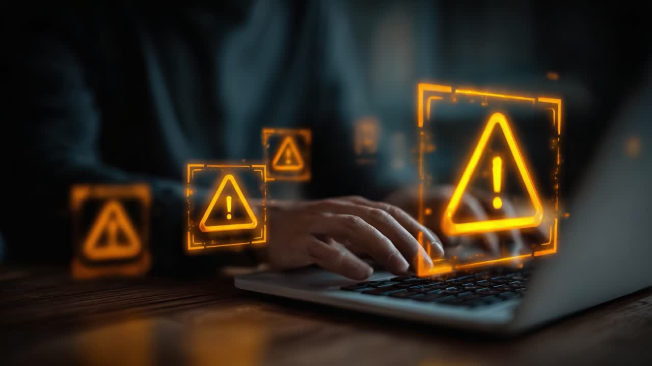 A close-up view of a person's hands on a laptop, illuminated by glowing warning symbols, highlighting cybersecurity concerns and alert notifications to potential threats