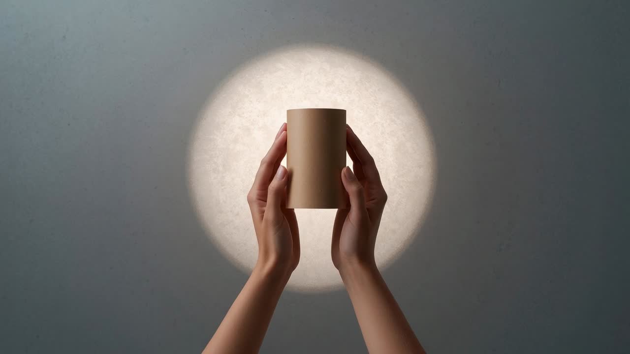 Appearing hands gripping cylinder lowering inside circular light in studio to reveal circle
