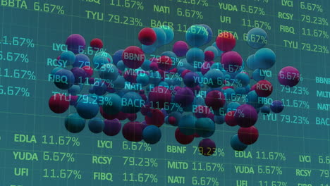 animación de bolas rosadas y azules sobre datos del mercado de valores en fondo verde