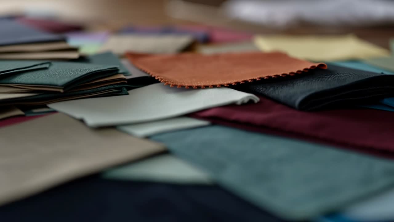 Vertical video: Camera sliding forward focusing on orange swatches on table revealing woven texture