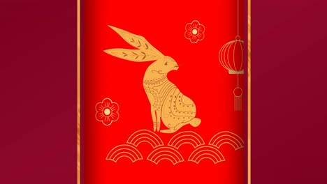 Animation-of-chinese-pattern-and-rabbit-year-decoration-on-red-background