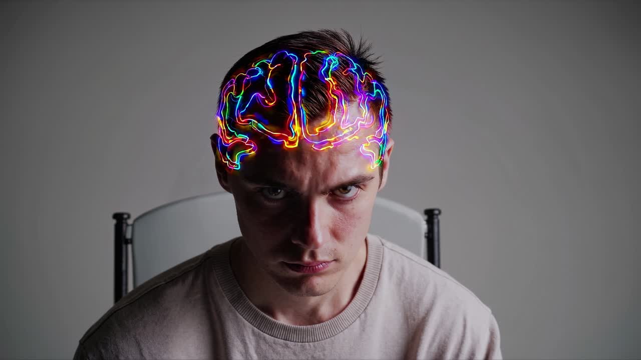 joven con líneas brillantes superpuestas en su cabeza, parecidas a un cerebro, se sienta y mira atentamente, transmitiendo un concepto de pensamiento profundo, inteligencia artificial, o habilidades cognitivas mejoradas
