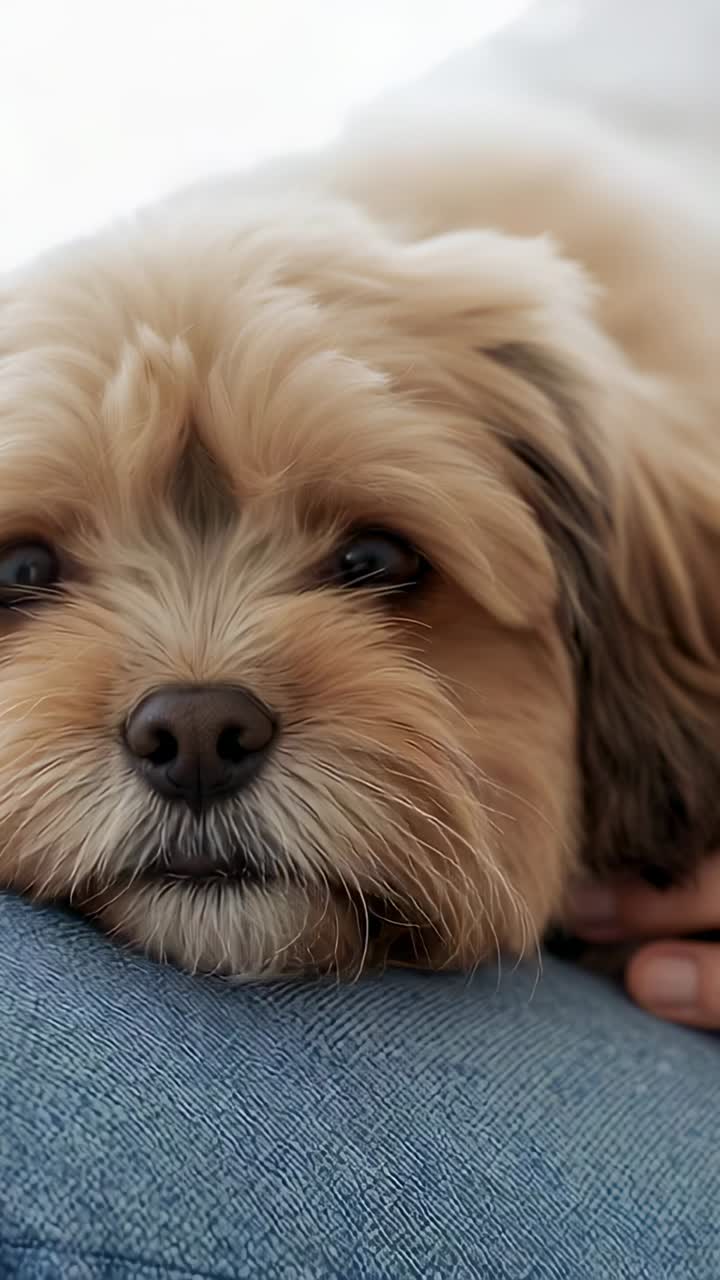 Video verticale: si notano il movimento della mano e un cagnolino marrone chiaro che sposta lo sguardo sulle gambe coperte di jeans in casa