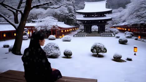 a woman contemplating a snowy japanese temple