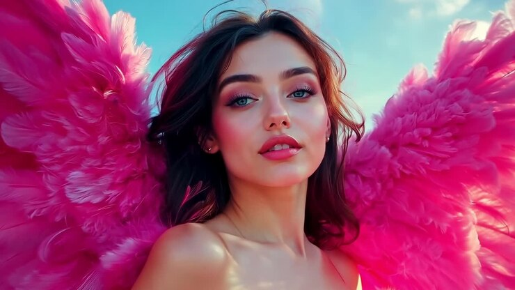 Una donna con un vestito rosa con piume rosa sulle ali