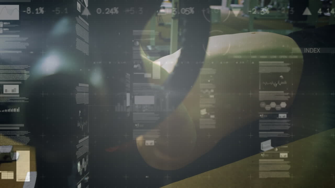 Animation of network of connections and data processing over fit man exercising in gym