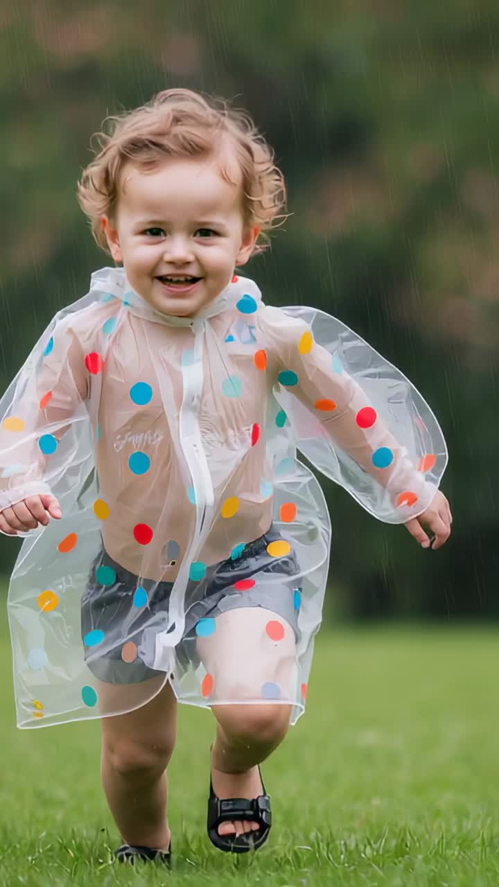 Video verticale: bambino che corre in cortile con impermeabile a pois e pantaloncini scuri, che reagisce alla telecamera