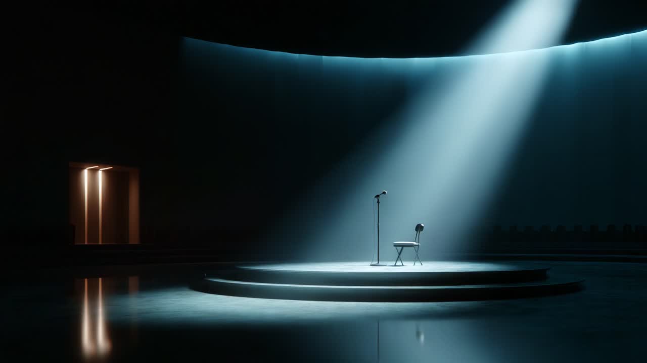 A Serene Stage Awaits: Illuminated by Soft Spotlighting, a Solo Microphone Stands on a Minimalist Pedestal Surrounded by Tranquil Shadows in an Enigmatic Performance Venue