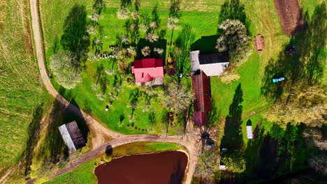 Quiet countryside farmstead with red-roof house, trees, barns, and pond in spring sun