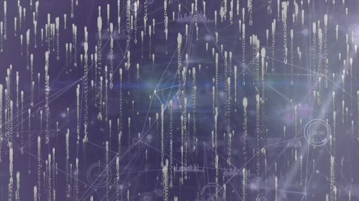 Animation of network of connections and light trails over purple background