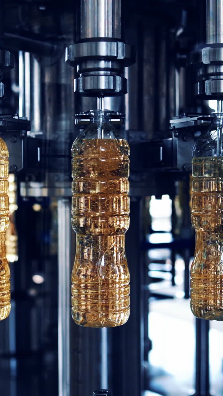 Automated production of oil in factory. Empty bottles are filling with golden liquid in the modern manufacture. Refined oil production. Vertical video