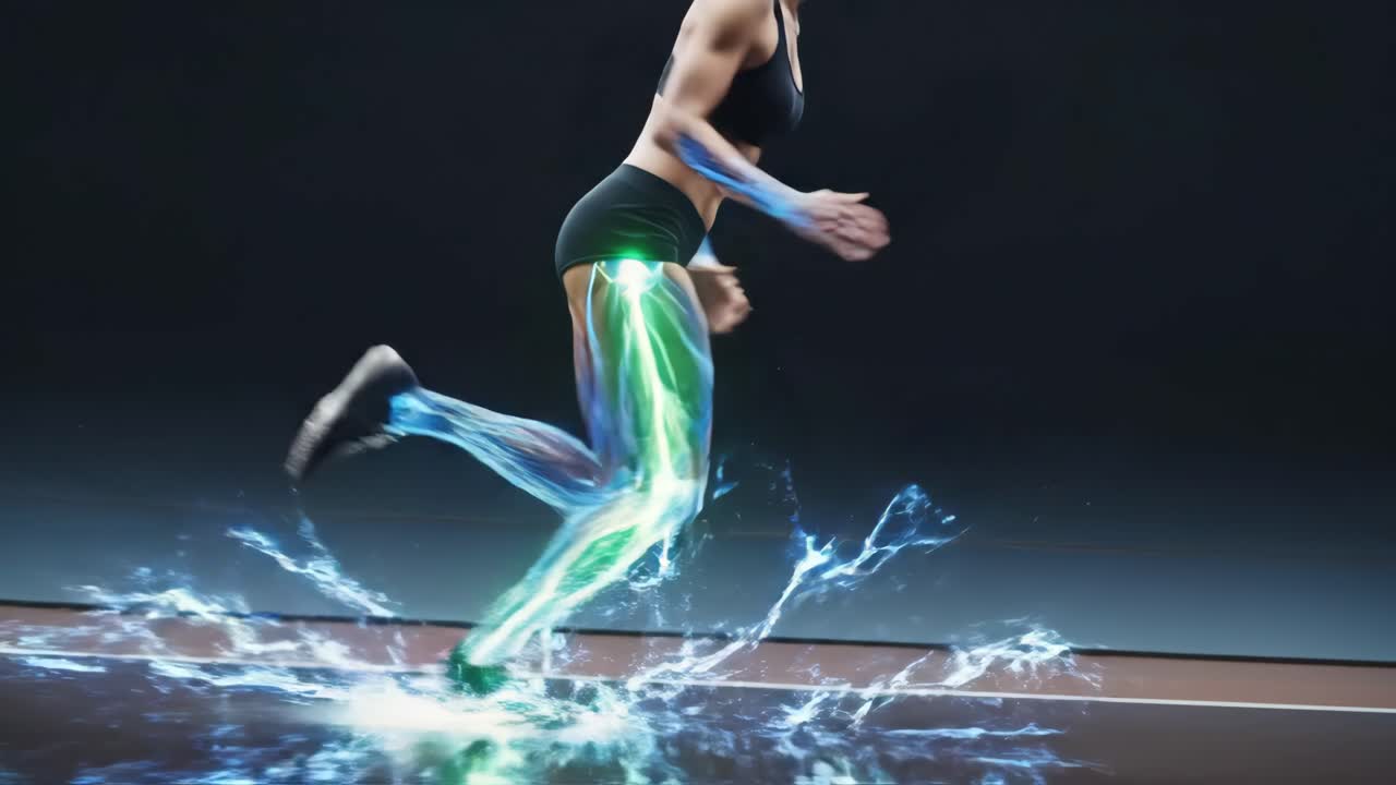 Woman Running with Anatomical Muscular Visualization