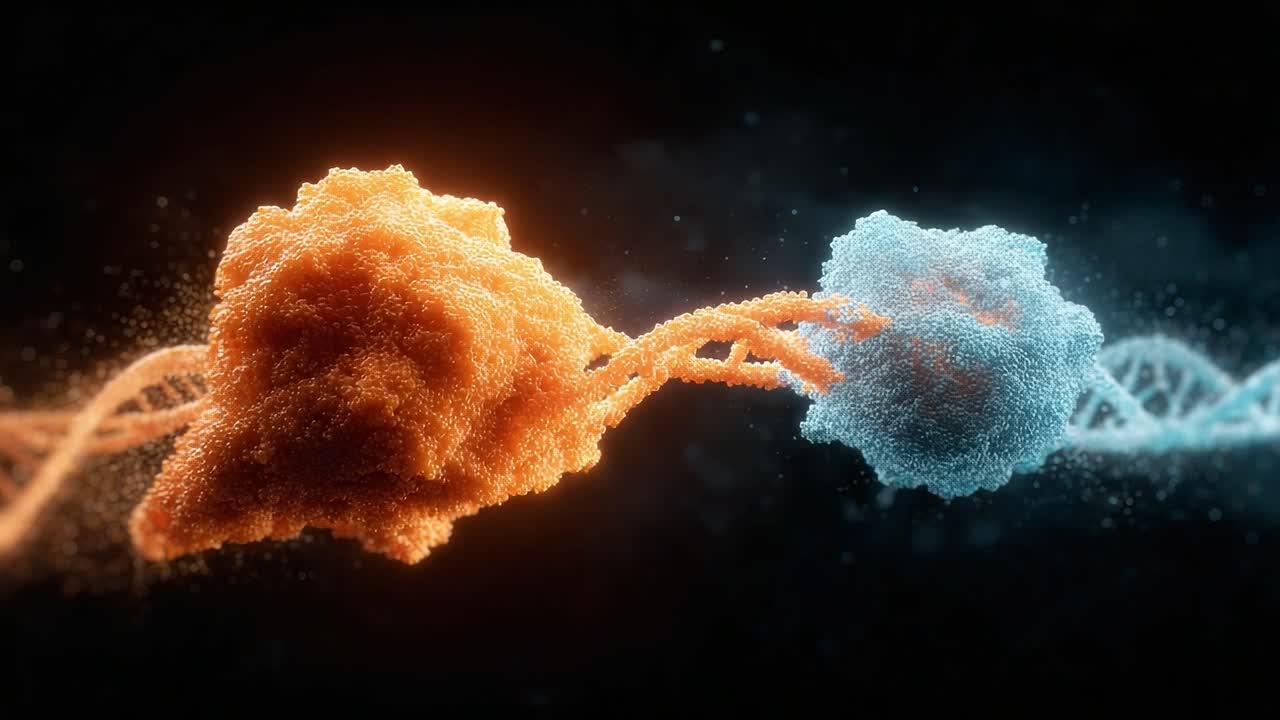 A Visually Stunning Exploration of Molecular Interaction Between Two Distinct Entities Represented by Orange and Blue Particles Connected by a DNA Strand