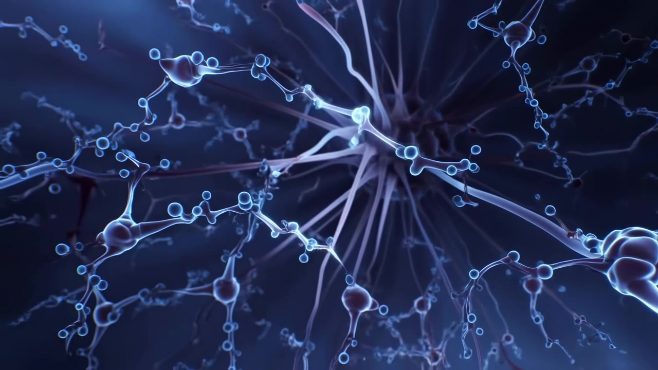 Close-up view of neural structures with central spiky soma, radial filaments, branching tubes, and glowing translucent nodes extending through cool blue scientific scene, with neuron, synapse, soma