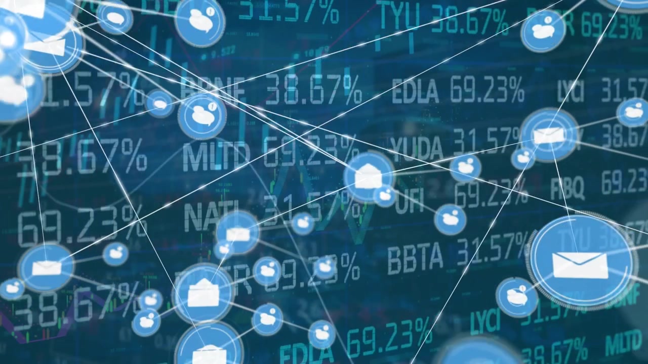 Animation of connections over financial data and graphs on navy background