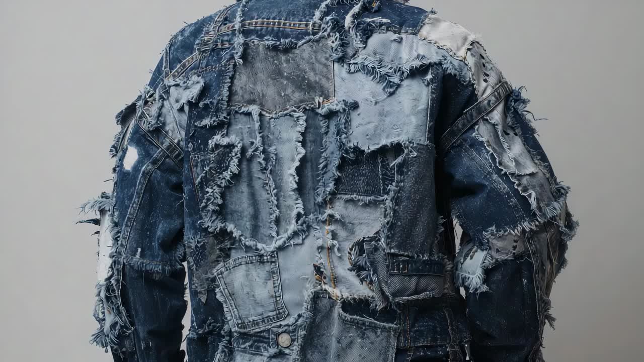 Tightening frame causing man shifting shoulders in gray studio, revealing patchwork denim jacket