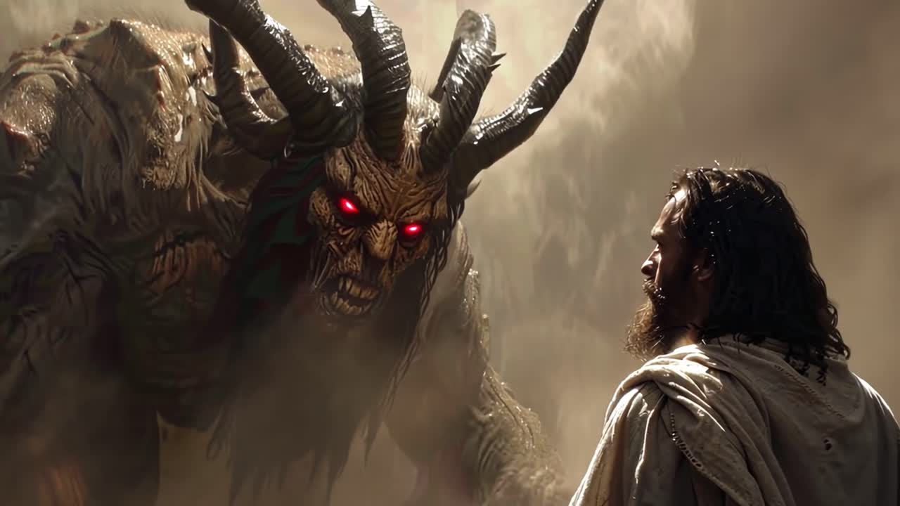 Jesus confronts a horned demon
