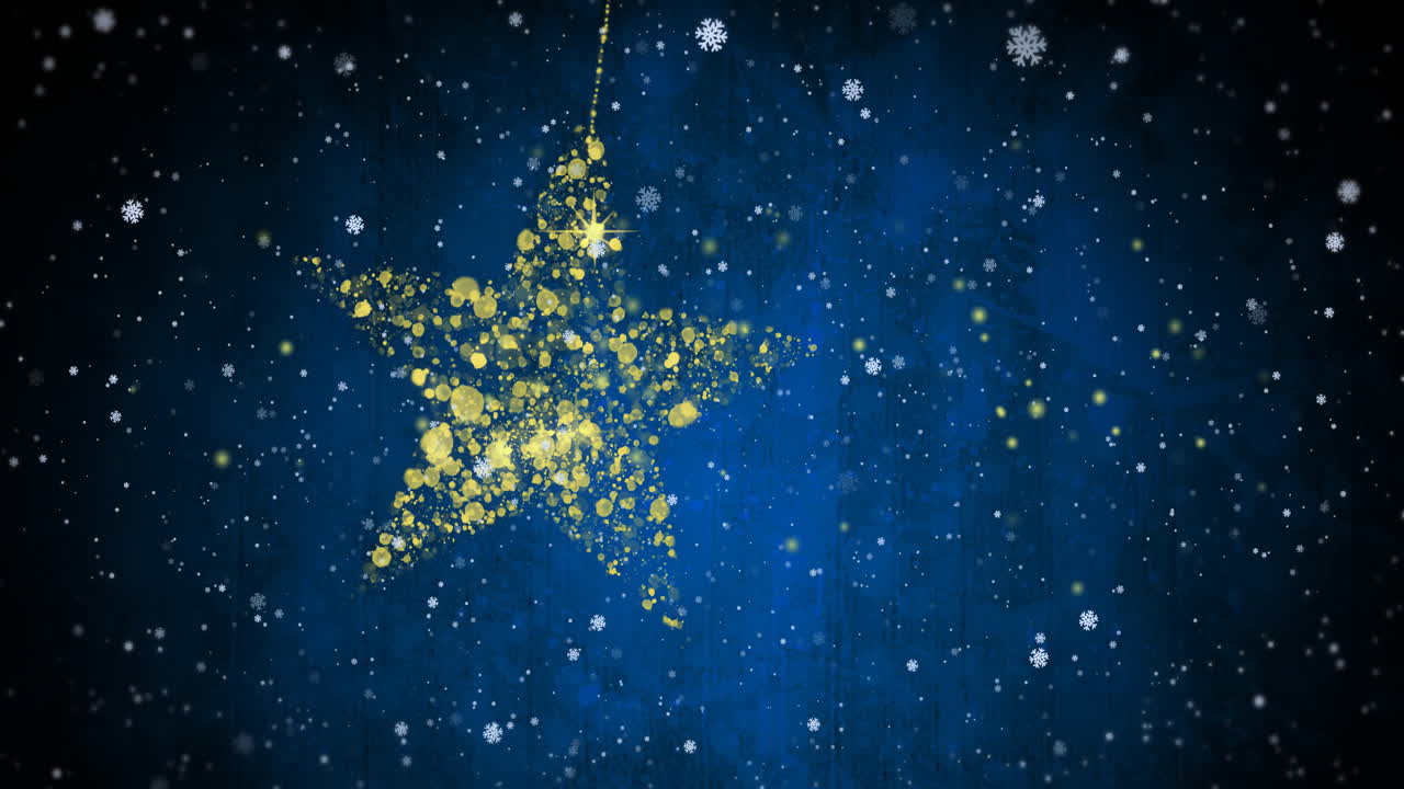 Stella dorata fatta di particelle con animazione di fiocchi di neve che cadono su sfondo blu