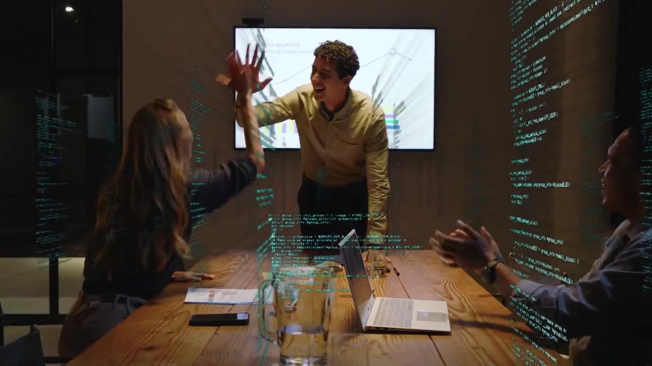 Lead leaning, reaching, causing team shaking hands and clapping, closing biz chart on green overlay