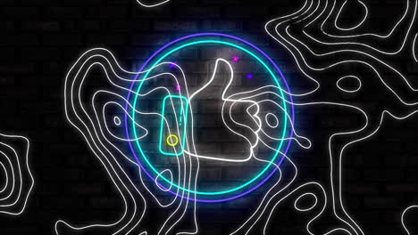 animación de un círculo de neón con icono de mano sobre isohipses que se mueven sobre un fondo negro