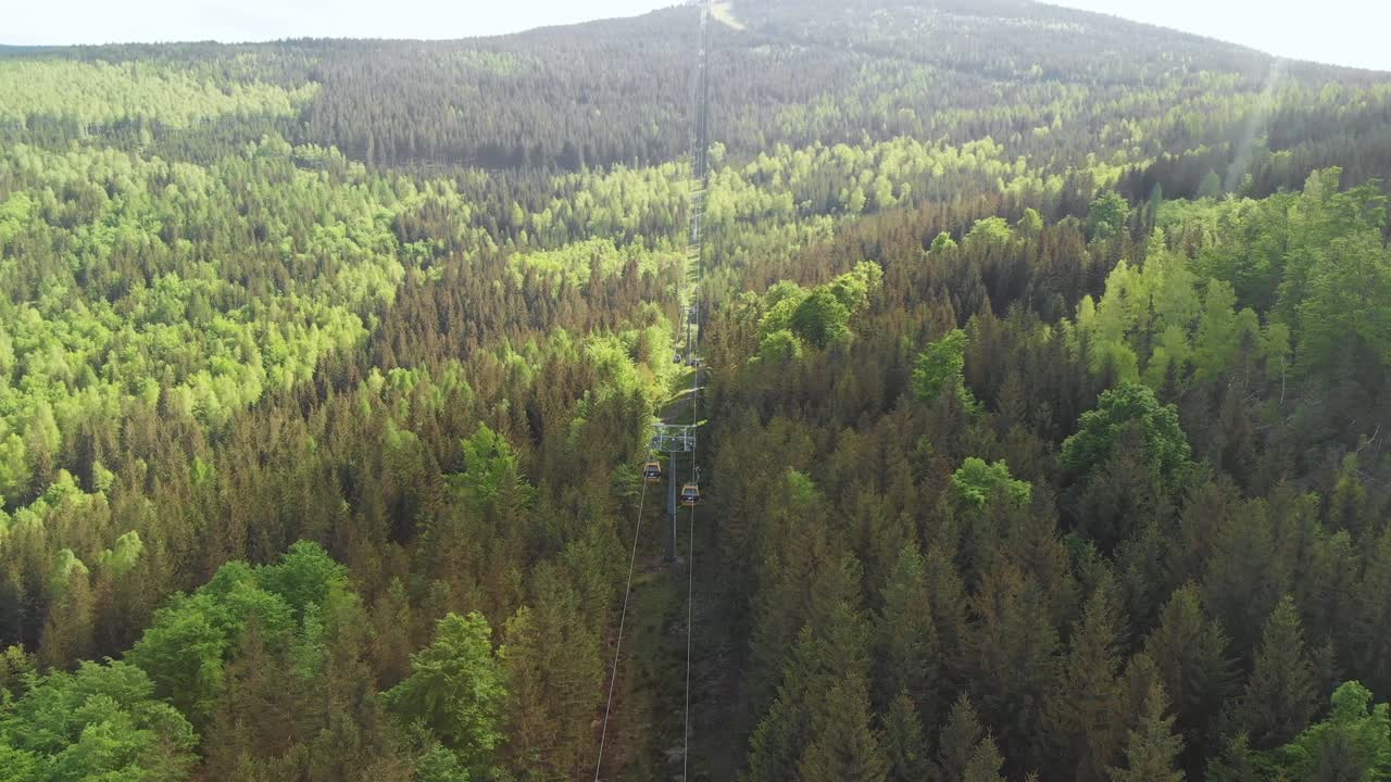 マウンテン バイク トレイルが始まる頂上へ向かうロープウェイの空撮写真