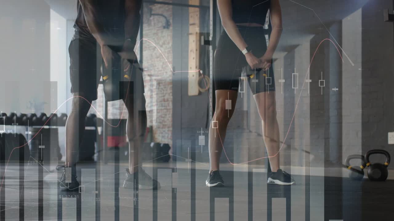 Man and woman initiating kettlebell swings with hip drive, finance charts overlaying and animating