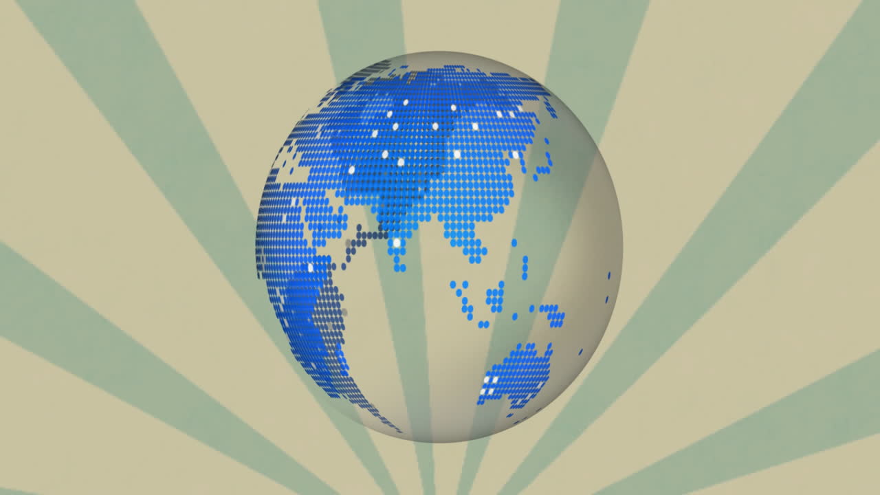 방사선 배경 위에 파란색 디지털 대륙 애니메이션으로 회전하는 지구