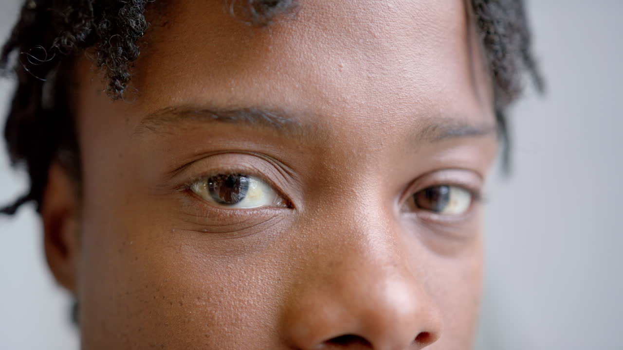 Close-up of person with focused eyes, looking directly at camera
