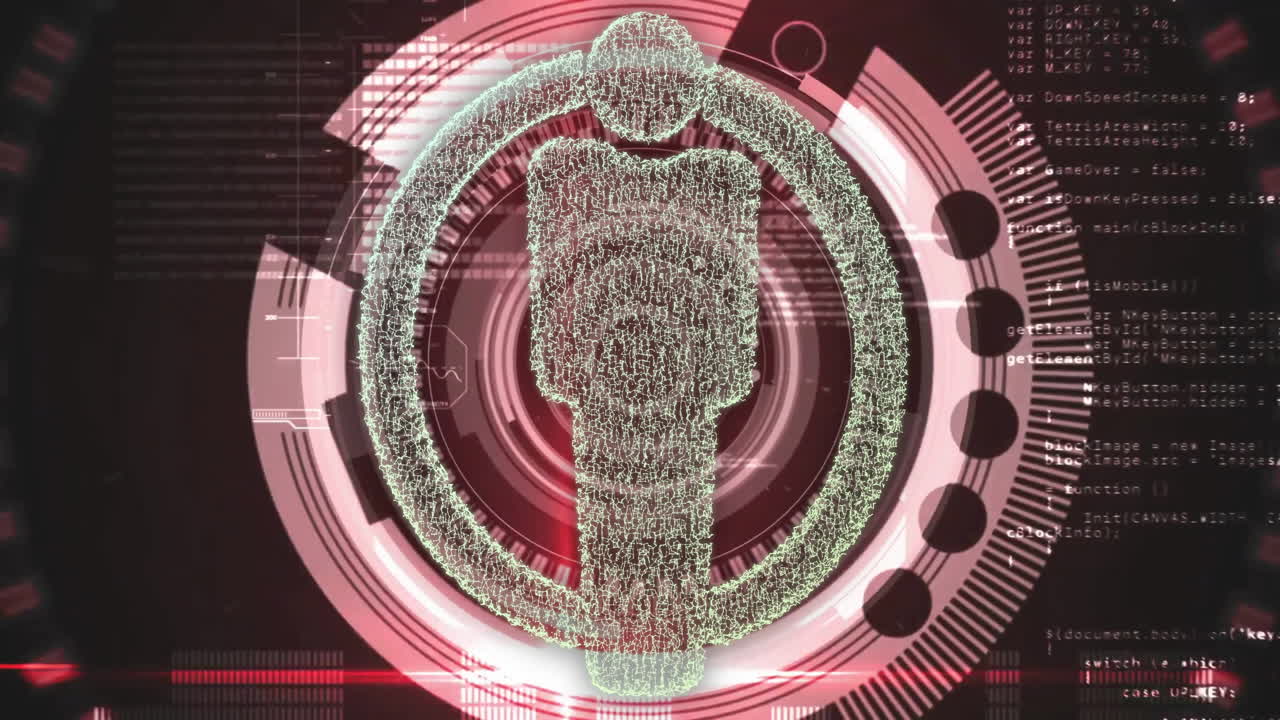 Digital human figure and data processing animation over red technological background