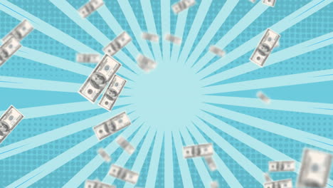 animation of confetti and american dollar bills falling on spinning blue stripes in background