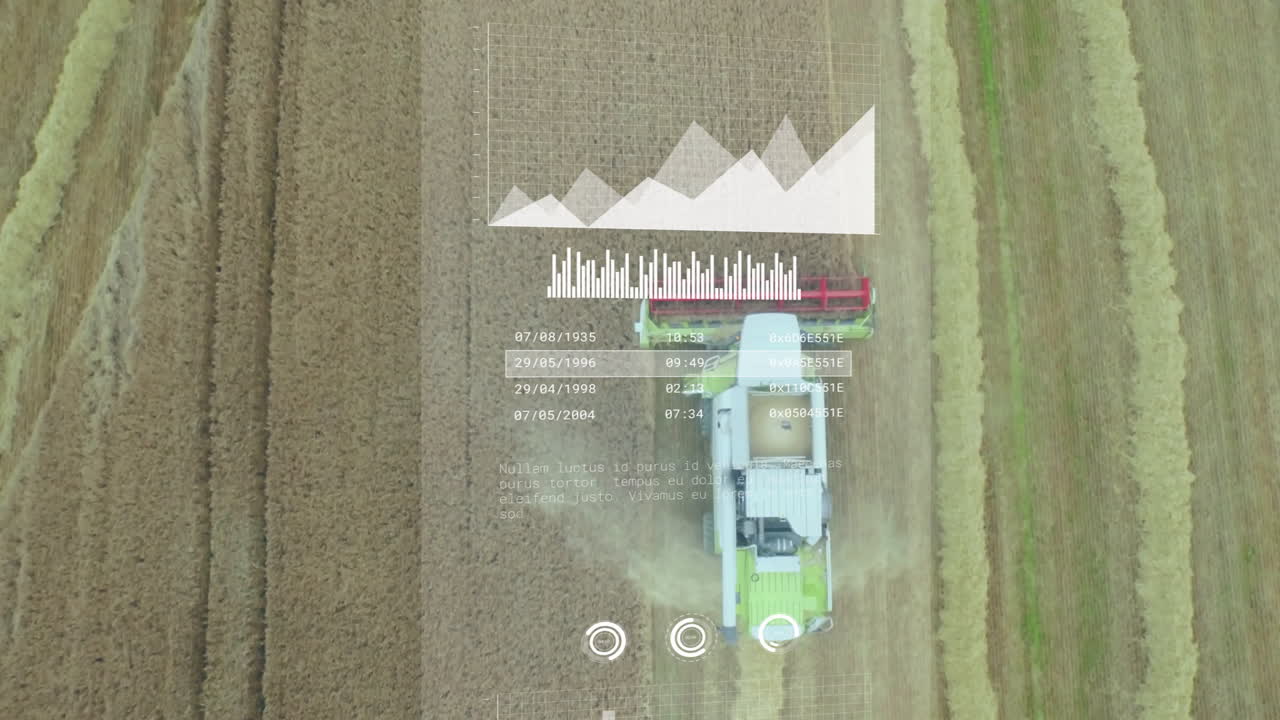 Combine harvester working in wheat field with data analytics animation overlay