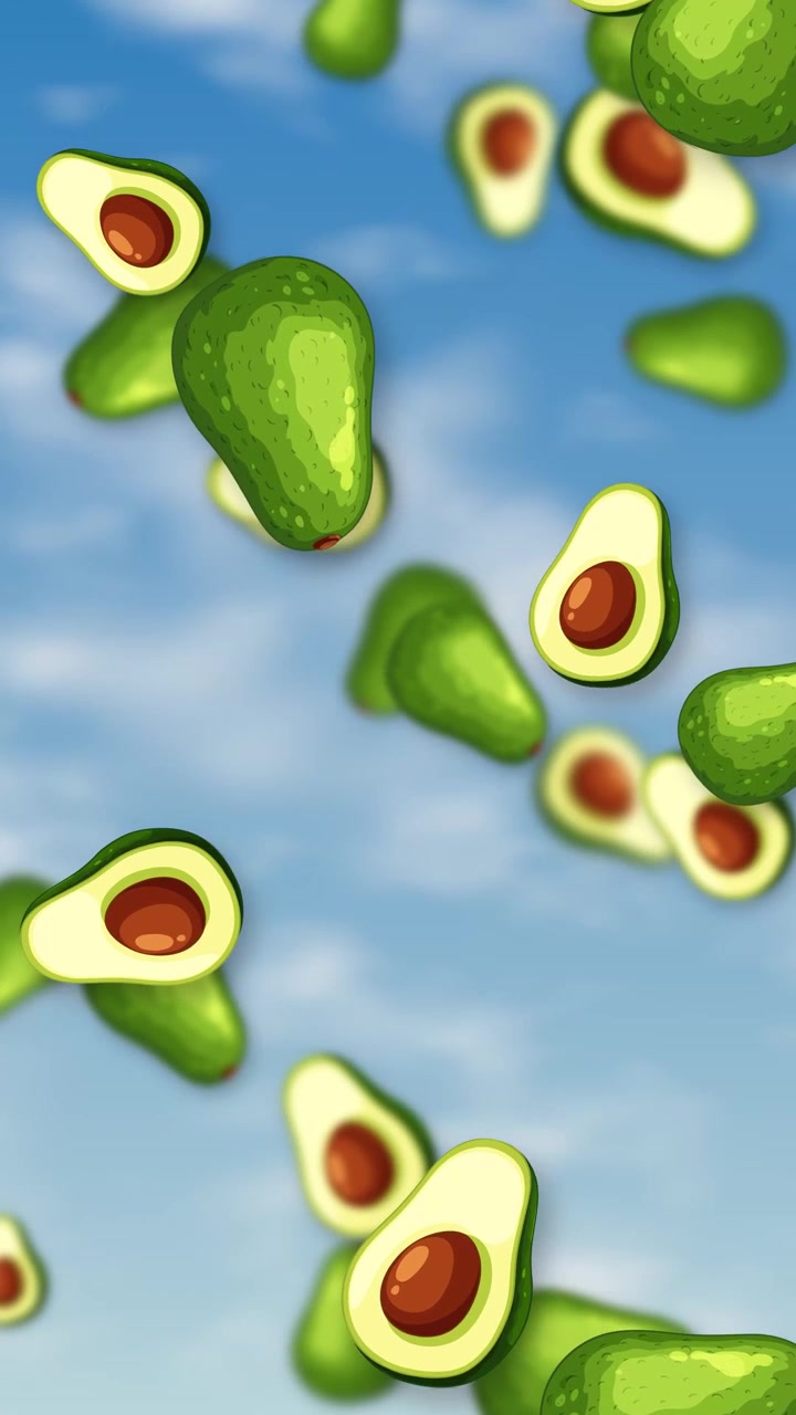 Avocado stilizzati interi e a metà cadono continuamente contro un cielo azzurro brillante con nuvole soffici