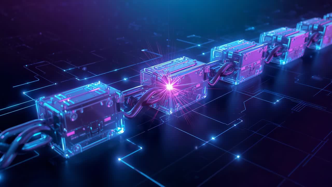 Magenta pulse starting at 2nd module, moving right along modules, braided cables, propagating power