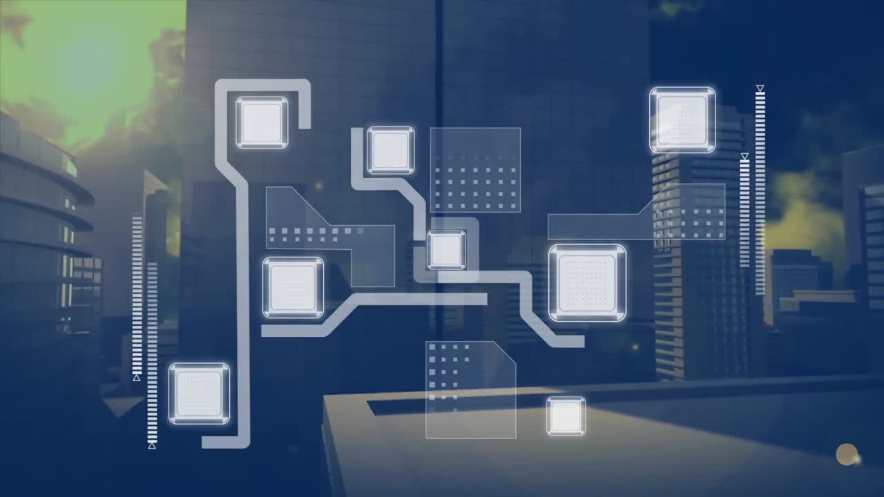 animación de formas que se mueven sobre el paisaje urbano