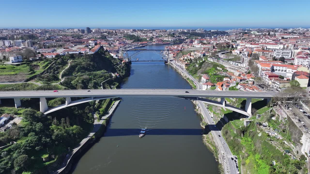 Porto Skyline At Porto In District Of Porto Portugal. Coastal City. Luis I Bridge Landscape. Boat Sailing. Porto Skyline In Portugal. Portugal Skyline. Travel Landscape
