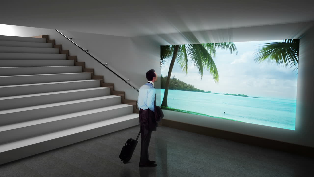 бизнесмен смотрит на экран, показывающий рай на пляже.