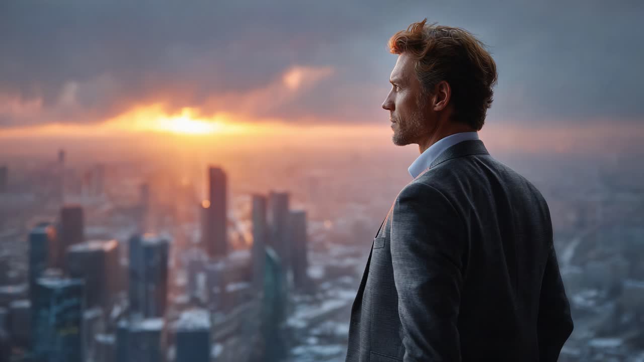 A contemplative figure gazes toward a breathtaking sunset over a sprawling cityscape, capturing a moment of reflection and tranquility amidst urban chaos