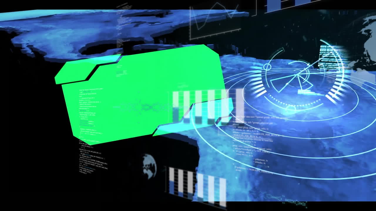 Animation of digital data visualization showing graphs and charts over South America