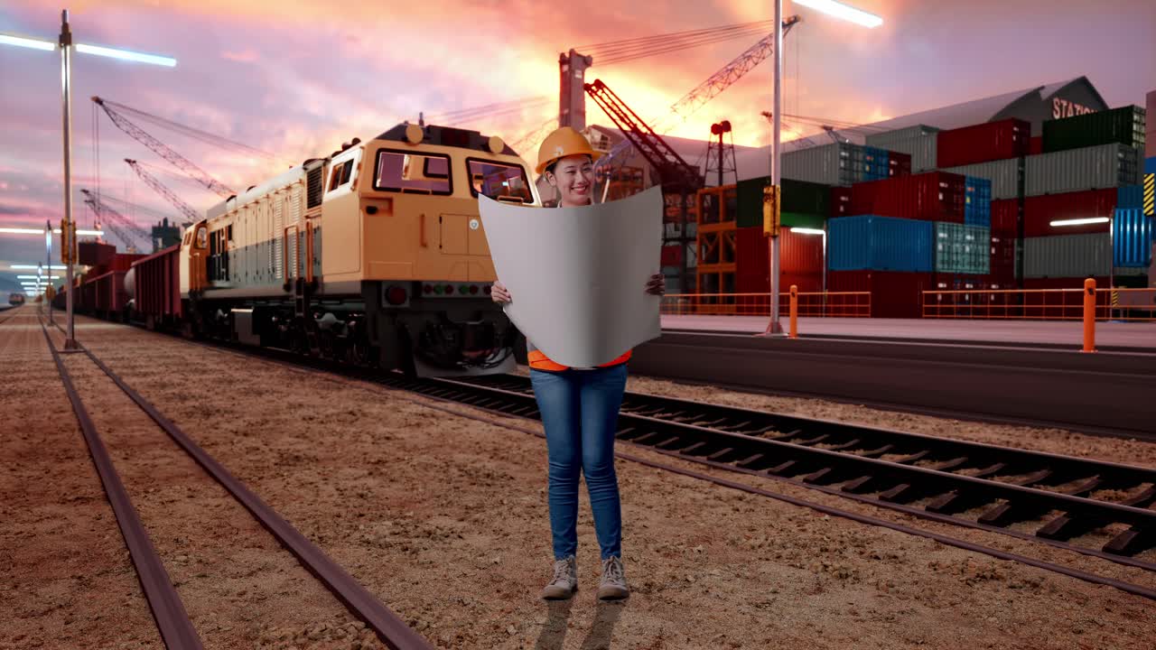 Full Body Of Asian Female Engineer With Safety Helmet Looking At Blueprint In Her Hands And Looking Around With Freight Cargo Train At Port