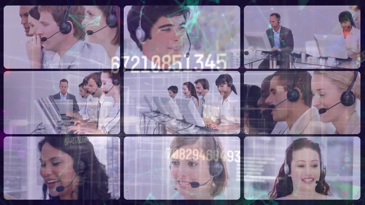 전화 헤드 ⁇ 을 사용하는 사업가들의 사진 위에 연결과 번호의 네트워크의 애니메이션