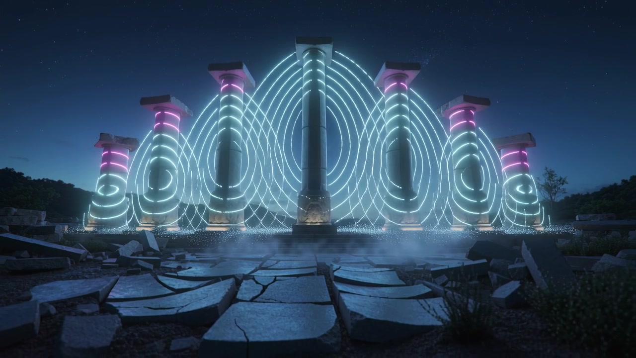 Rising magenta core sending stacked cyan rings up central plinth, uniting columns at ancient plaza