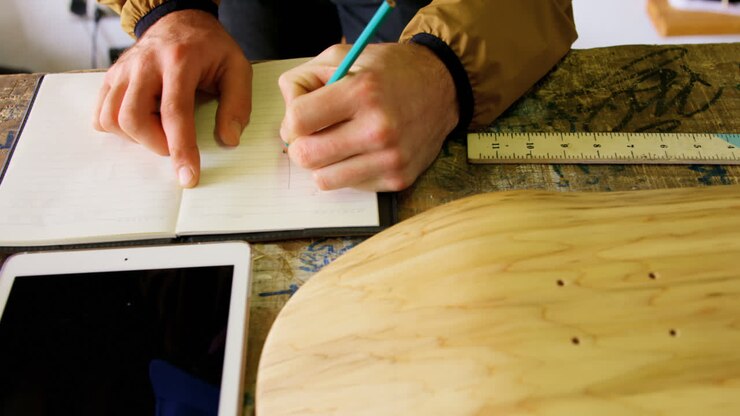 Nahaufnahme eines jungen Mannes, der mit Bleistift in einem Tagebuch in einer Werkstatt schreibt 4k
