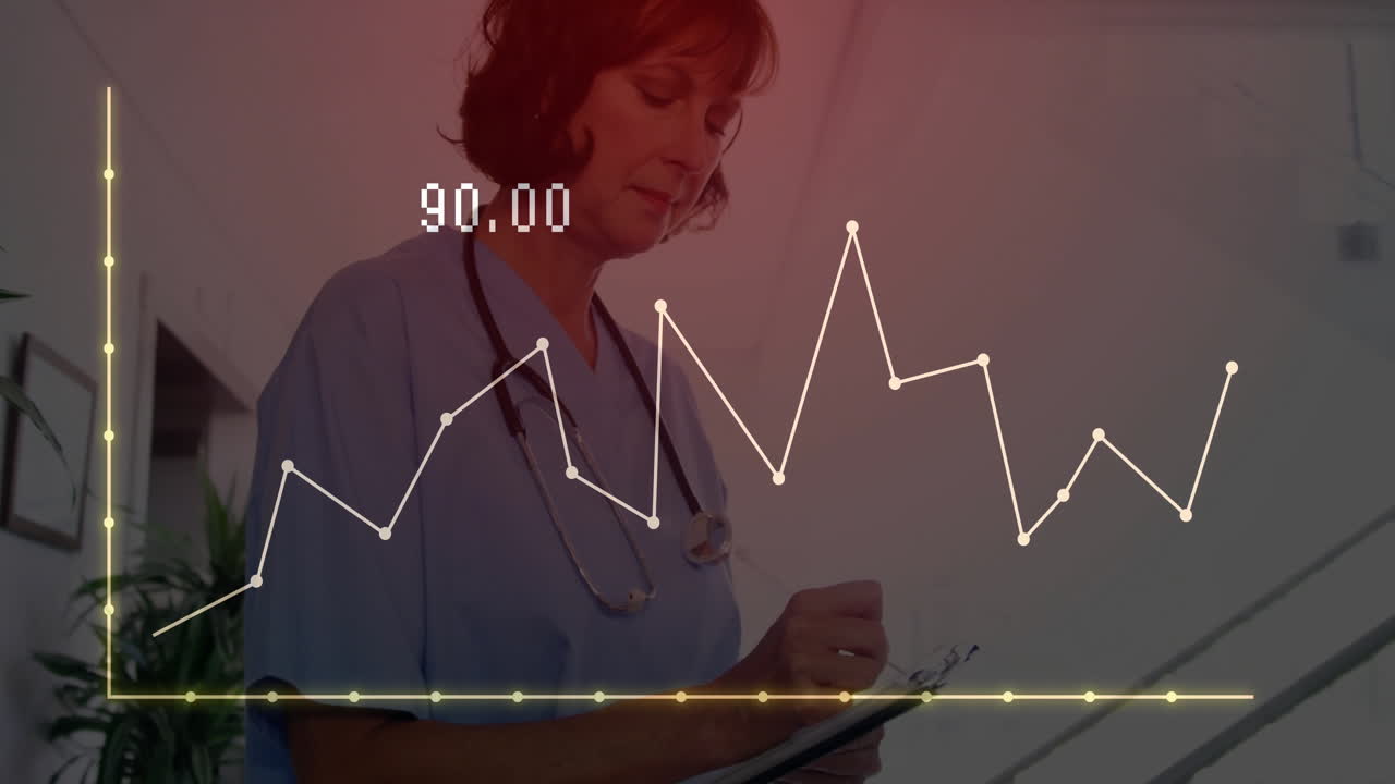 Female nurse writing on clipboard in healthcare corridor, with animated yellow line graph overlay