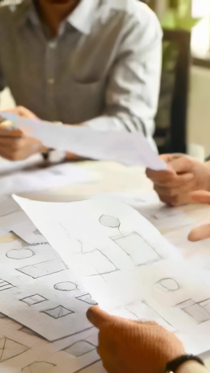 Vertical video: Passing hands sharing sketch as man in shirt checking papers as pages lying on desk