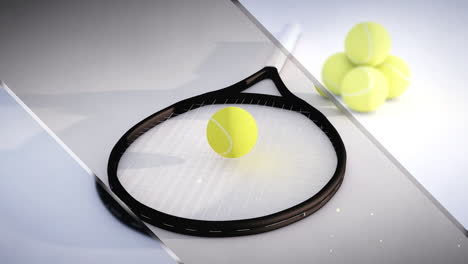 A-3D-render-of-tennis-balls-and-a-tennis-racket,-with-a-moving-glass-panes-effect