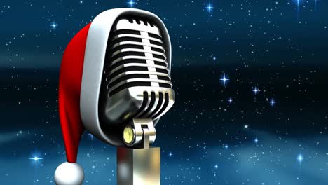 Animación-De-Estrellas-Cayendo-Sobre-Un-Micrófono-Con-Sombrero-De-Navidad-Sobre-Fondo-Oscuro