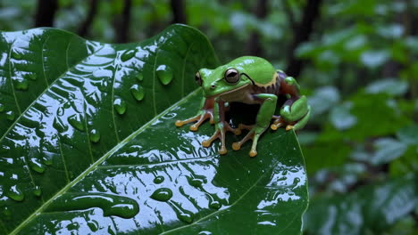 green tree frog on a wet leaf